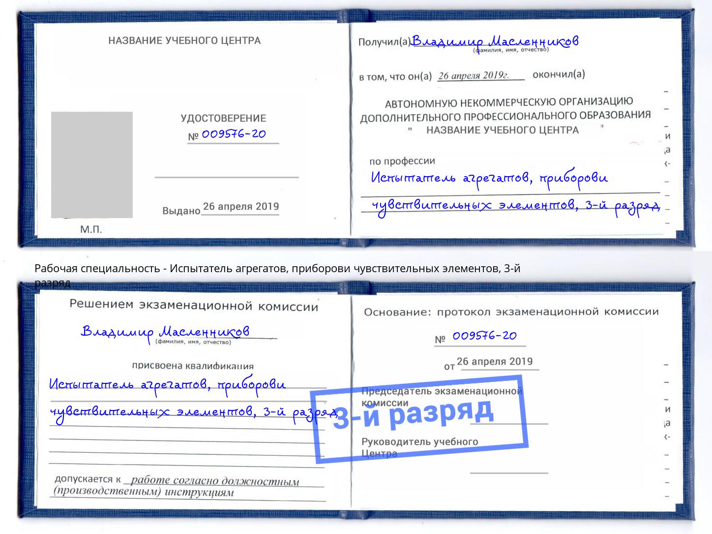 корочка 3-й разряд Испытатель агрегатов, приборови чувствительных элементов Одинцово