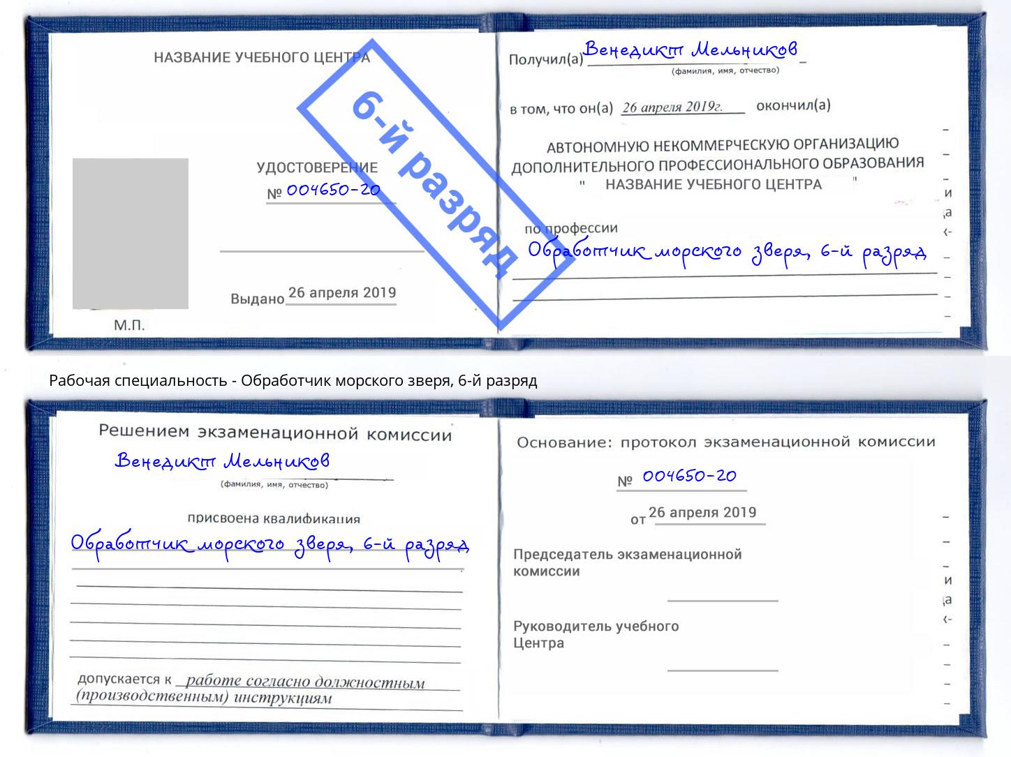 корочка 6-й разряд Обработчик морского зверя Одинцово
