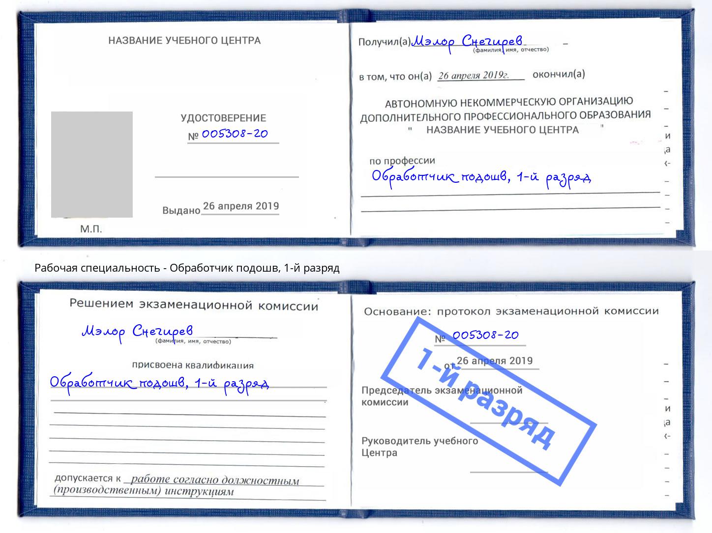 корочка 1-й разряд Обработчик подошв Одинцово