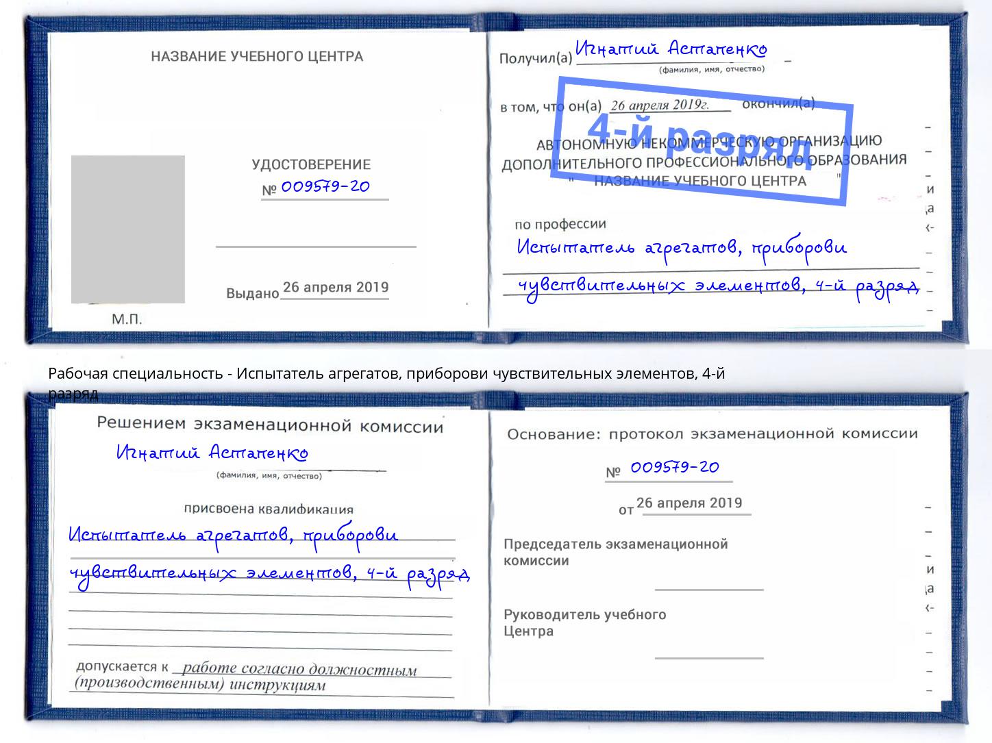 корочка 4-й разряд Испытатель агрегатов, приборови чувствительных элементов Одинцово