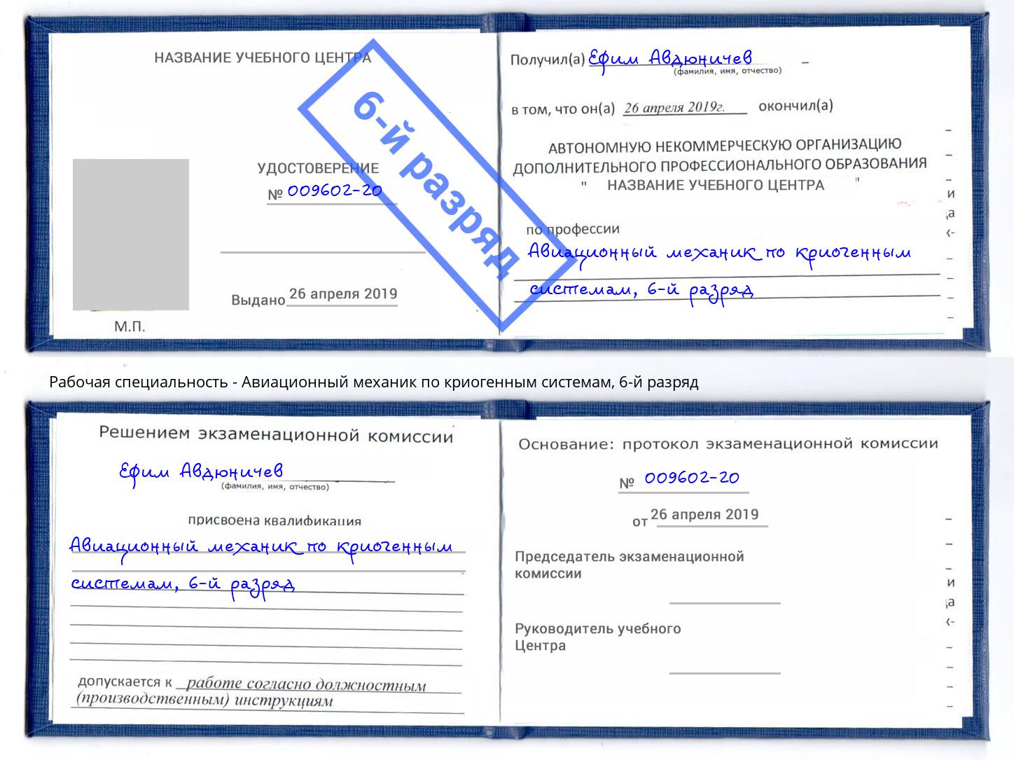 корочка 6-й разряд Авиационный механик по криогенным системам Одинцово