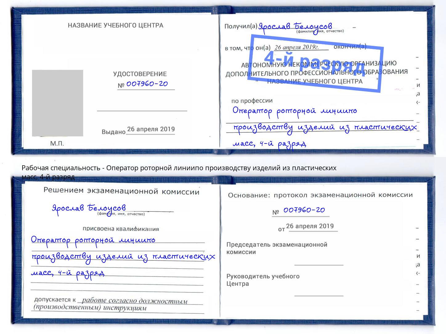 корочка 4-й разряд Оператор роторной линиипо производству изделий из пластических масс Одинцово